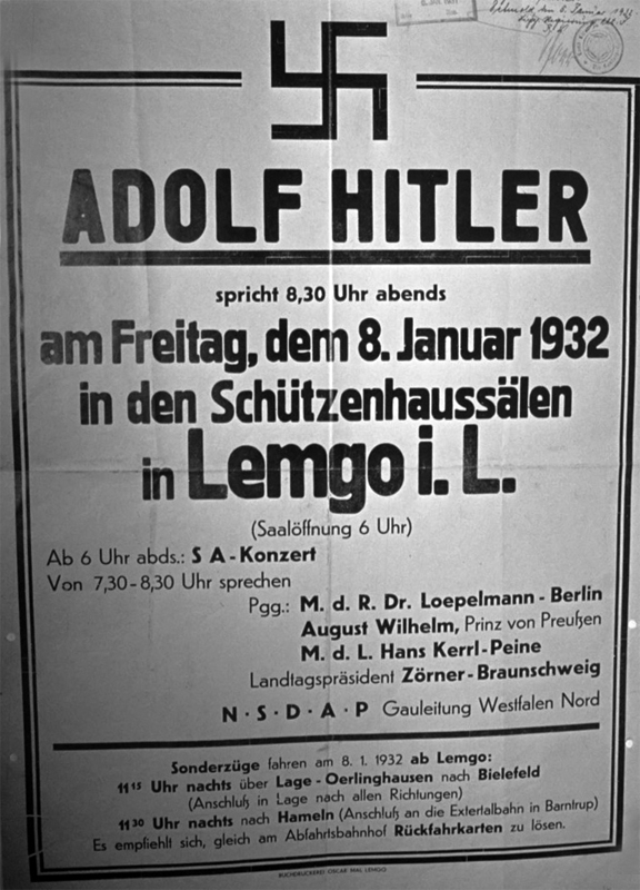 Poster announcing Adolf Hitler's speech in Lemgo on 8 January 1932